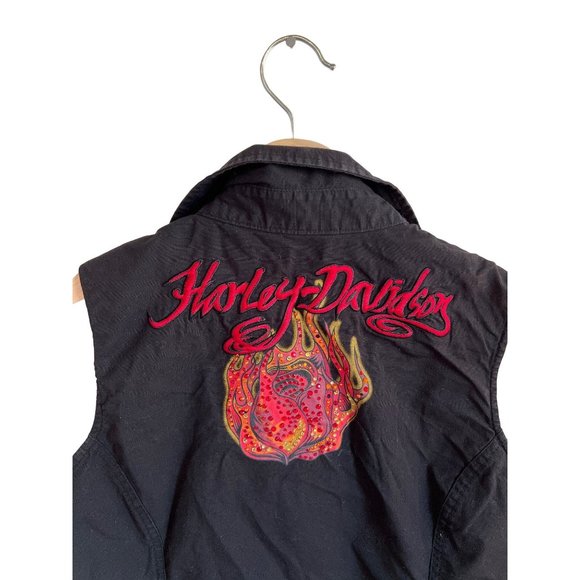 harley davidson Jackets & Blazers - Harley Davidson Black Sleeveless Vest Red Logo Vintage Bling Full Zip Women's Me